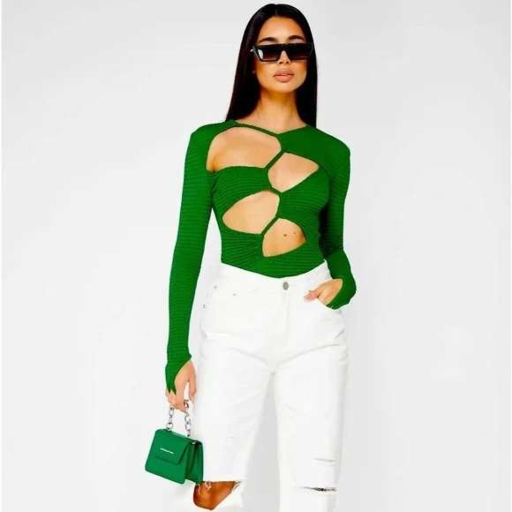 Maniere De Voir Waffle Knit Cutout Bodysuit Long Sleeve Snap Green Womens Size 6